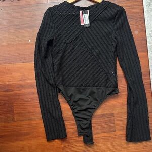 PrettyLittleThing Black Long Sleeve Textured Knit Bodysuit